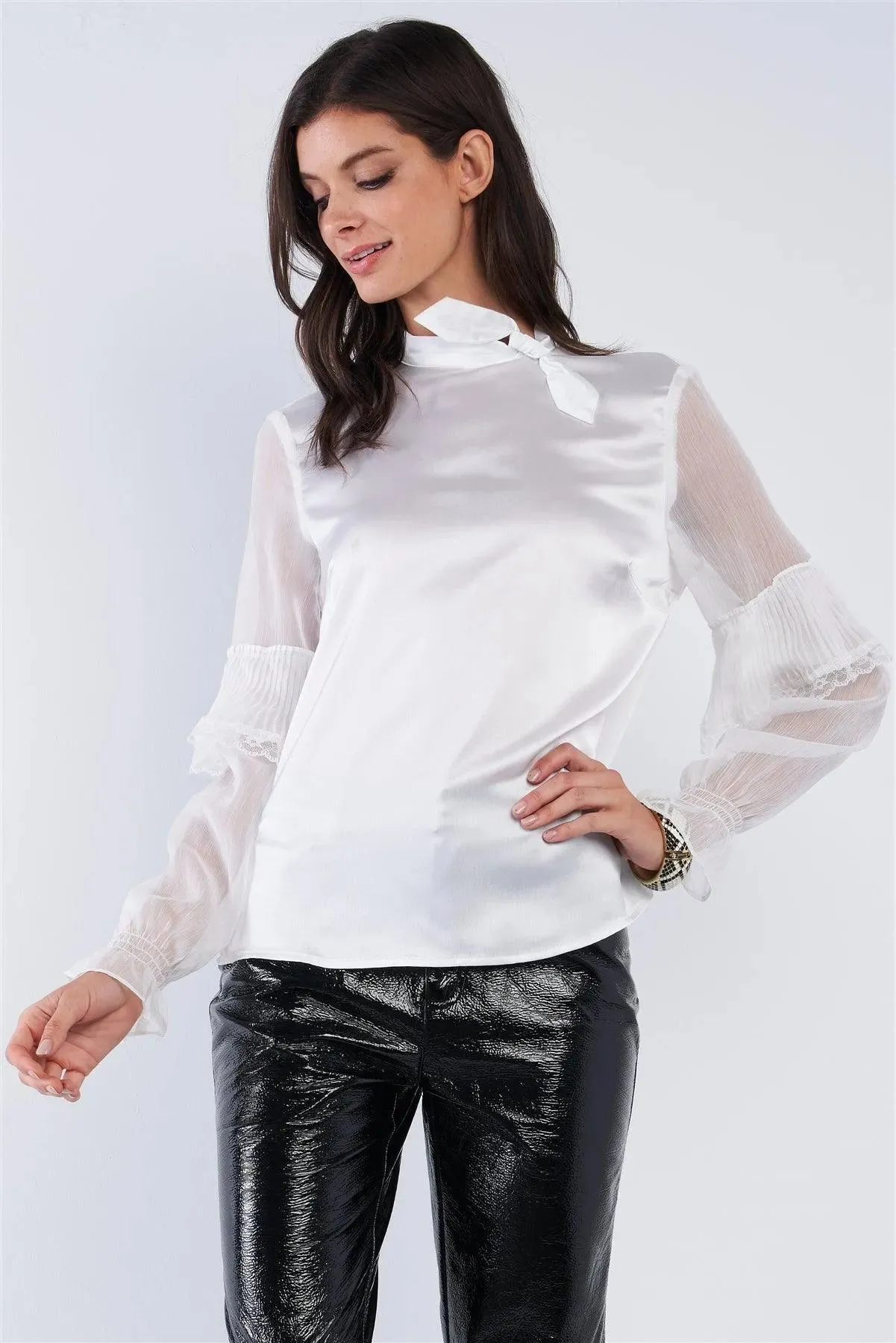 Bright White Satin Silk Bow Tie Collar Frill Sleeve Retro Classy Blouse Top  /2-2-2