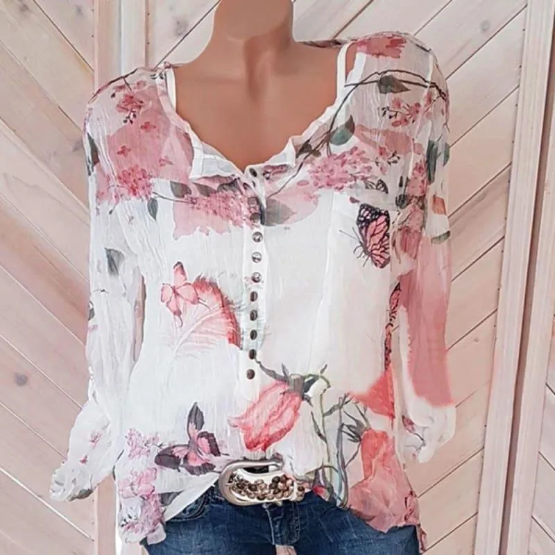 Floral Button Up Chiffon Long Sleeve Irregular Blouse