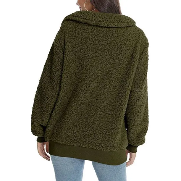Fuzzy Fleece Winter Women’s Sweatshirt Half Zip Lapel Faux Sherpa Pullover Coat