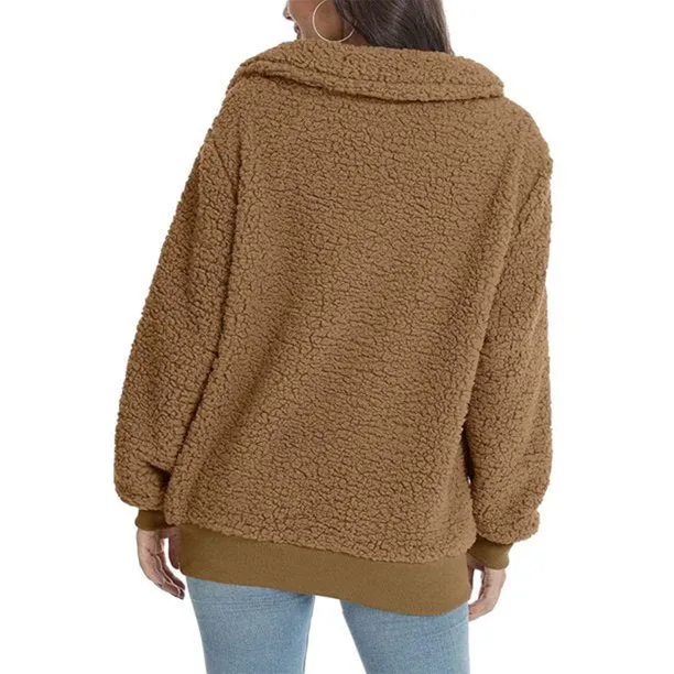 Fuzzy Fleece Winter Women’s Sweatshirt Half Zip Lapel Faux Sherpa Pullover Coat