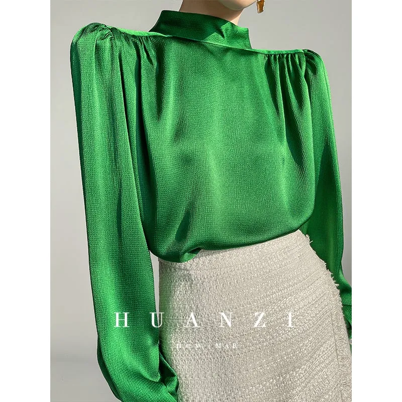 Huanzi new puff sleeves silk satin shirts top blouse - Oitr