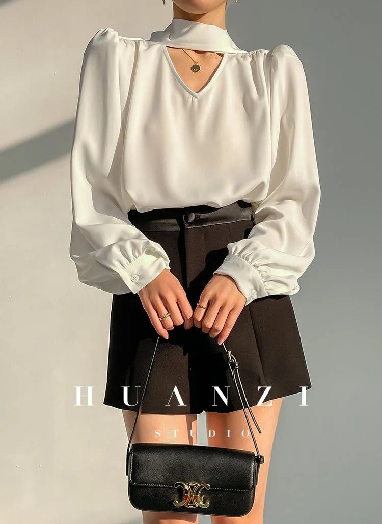 Huanzi new puff sleeves silk satin shirts top blouse - Oitr