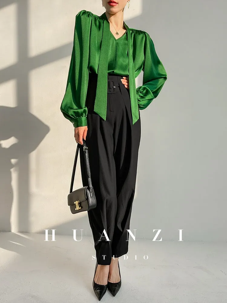 Huanzi new puff sleeves silk satin shirts top blouse - Oitr