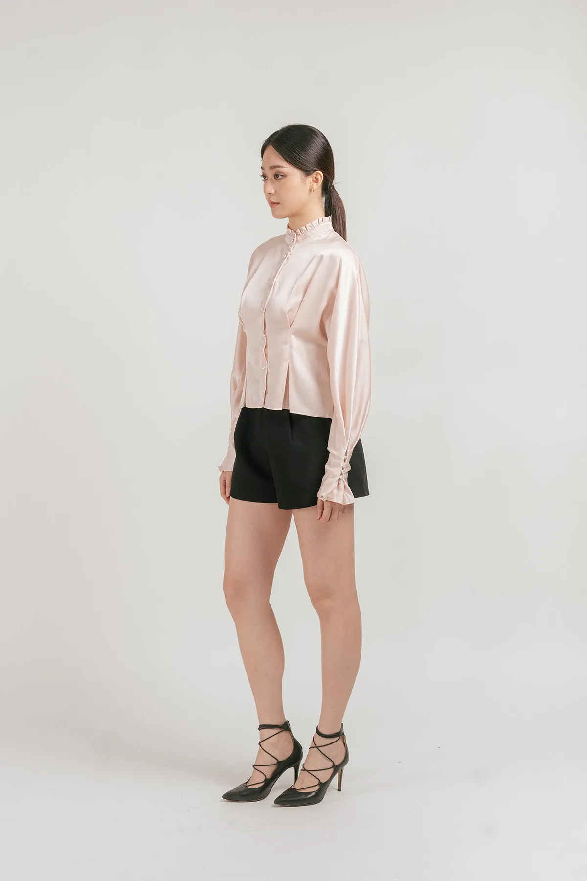 Jenniva Satin Pleated Ruffled Blouse