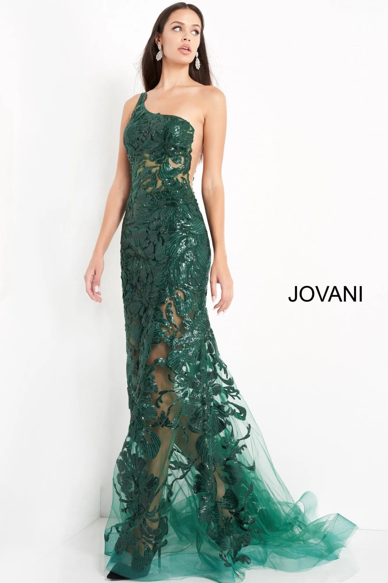 Jovani 02895 Size 8 Long Fitted One Shoulder Sheer Sequin Lace Prom Dress Pageant Gown