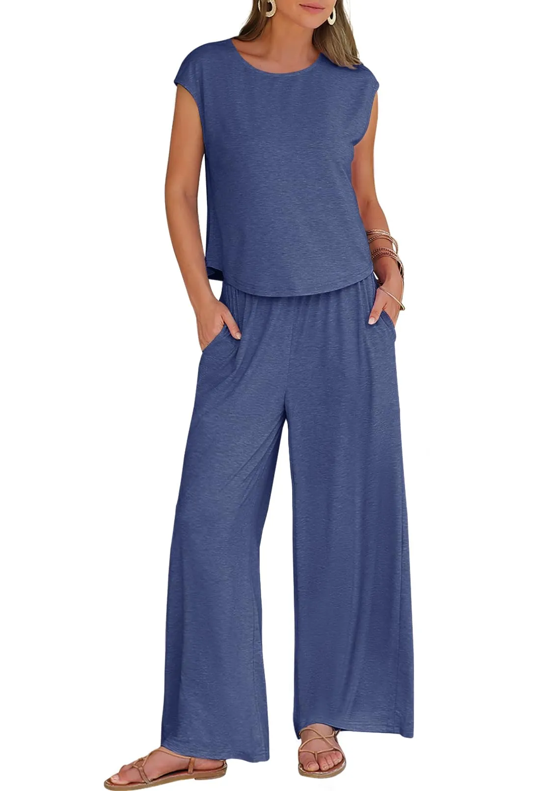 MEROKEETY 2024 Women's Two-Piece Cap Sleeve Lounge Set Waist Pants