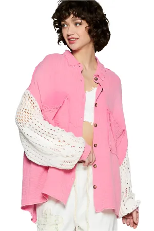 POL Crochet Patchwork Oversized Button-Up Blouse Long Sleeve High-low Gauze Shirt