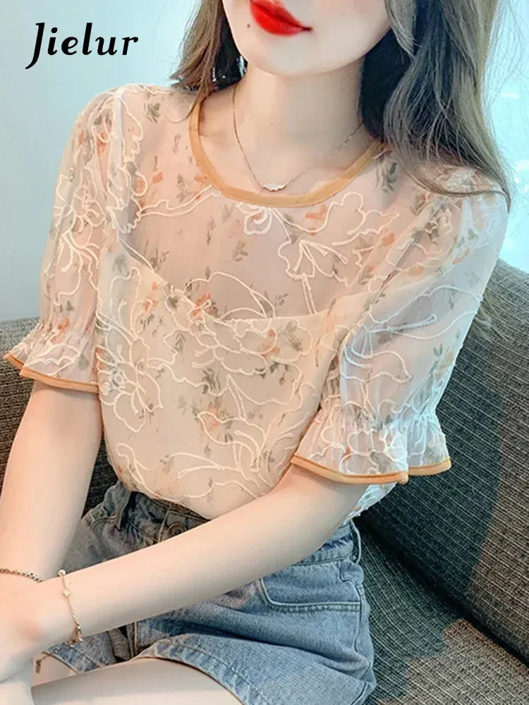 Printed Lace Summer New Women’s Blouses Embroidery O-neck Puff Sleeve Female Blouse Elegant Fashion Streetwear Outfits
