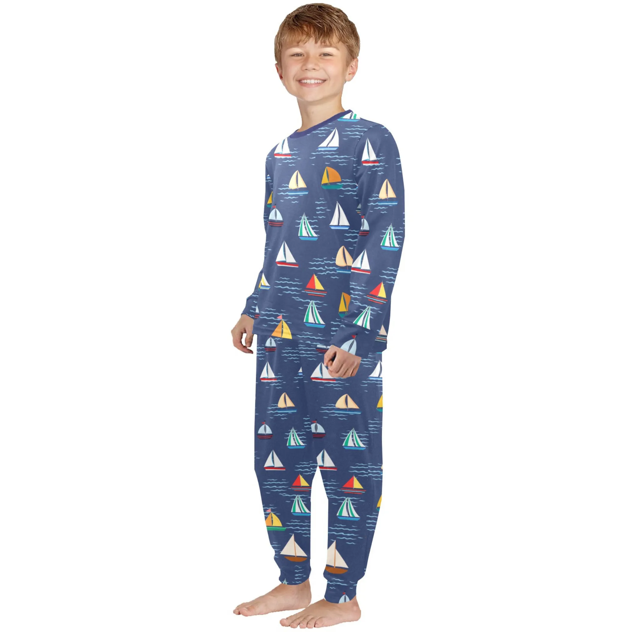 Sail Boat Boys' Pajama Set | Crew Neck Long Pajama Set | Soft Long Sleeve Sleepwear for Lounging and Relaxing