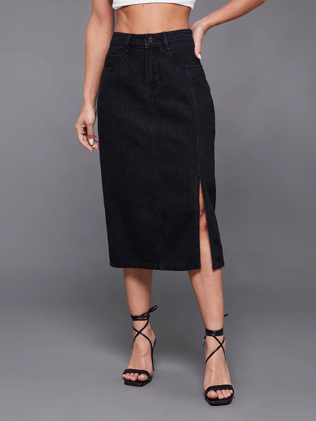 Women's Black Straight Fit High Rise Stretchable Denim Midi Skirt